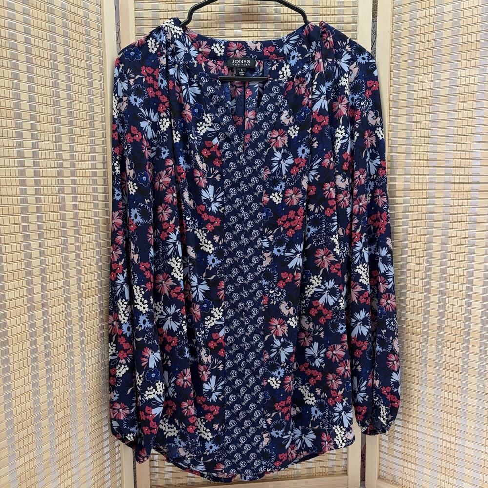 Jones New York Blouse Women's Large Blue Pink Floral Long Sleeve